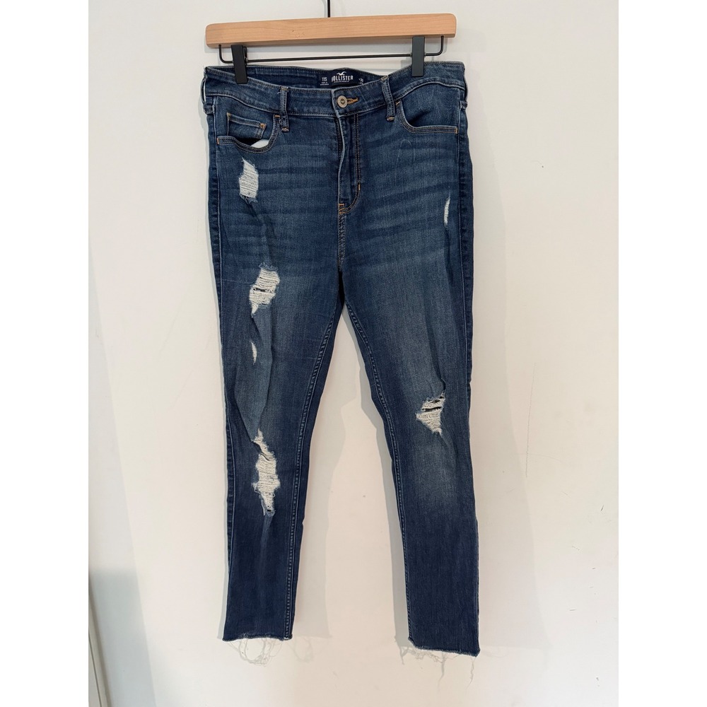 Hollister High Rise Super Skinny Distressed Jeans Dark Wash Raw Hem 11S W30 L28